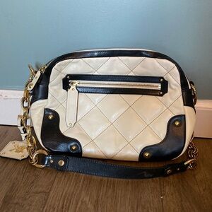 VTG Y2K Max New York black & white leather gold chain bowling bag shape handbag